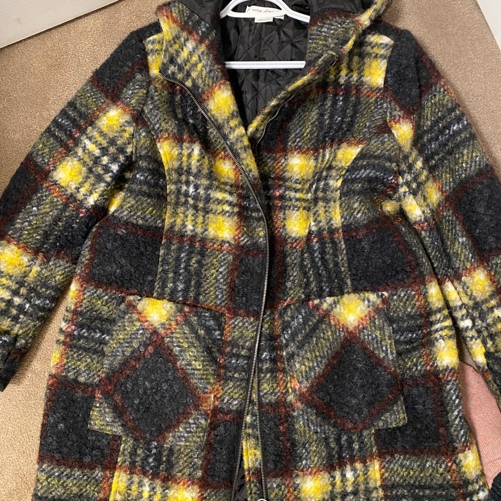Plus Size X Plaid Hooded Coat with Yellow, Red and Gray Accents